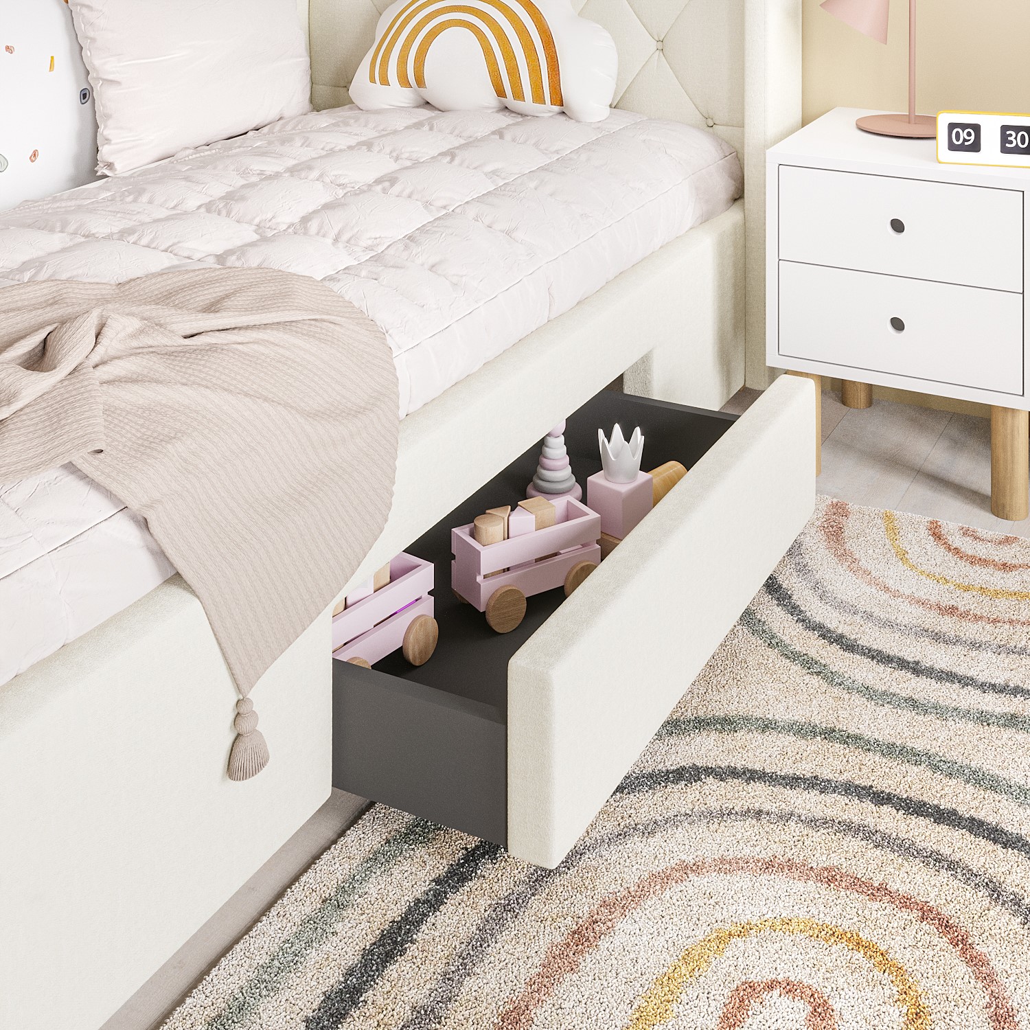 Read more about Beige fabric single bed frame with storage drawer phoebe